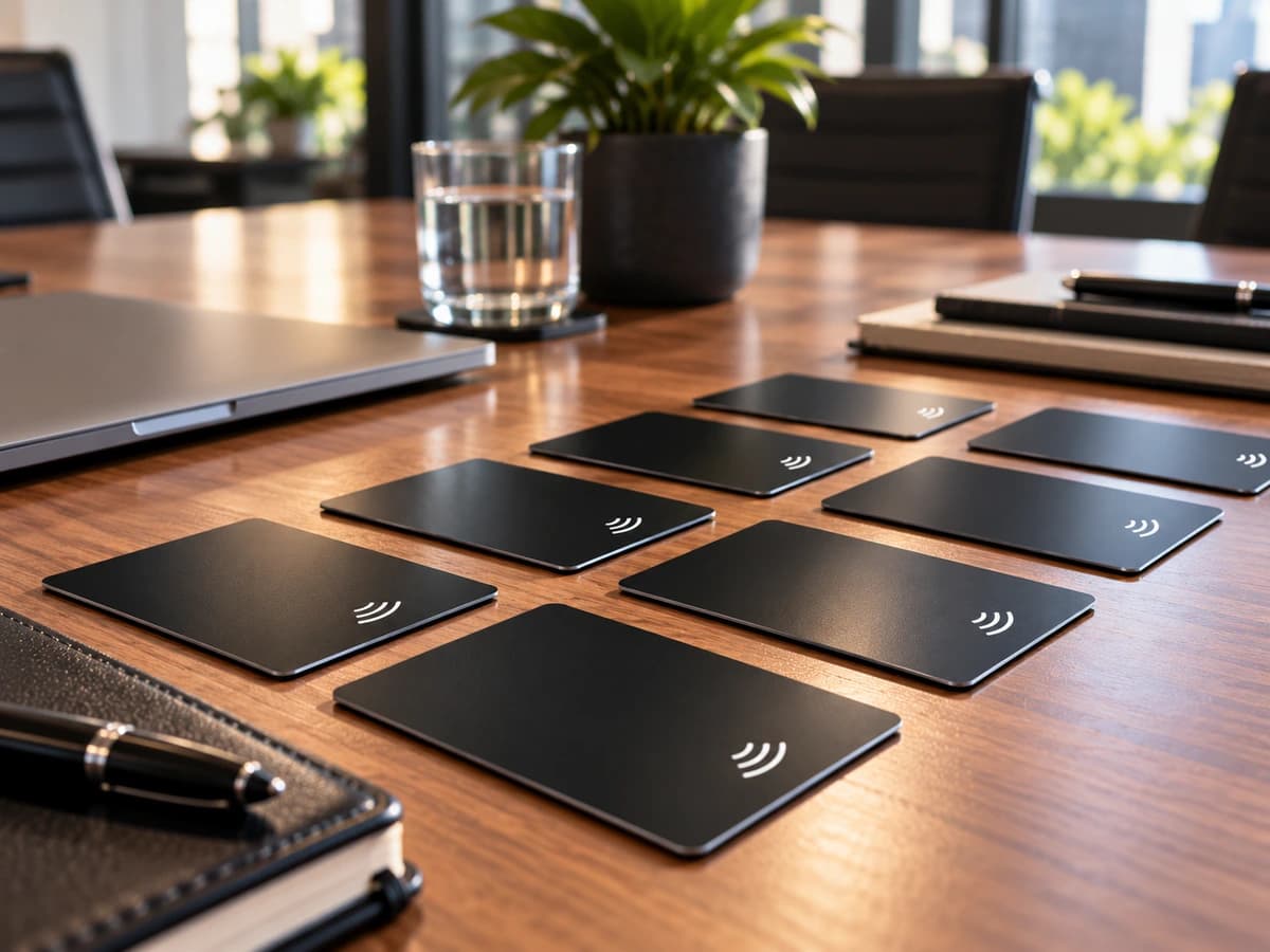 Tarjetas SmartNFC negras con el símbolo NFC ordenadas sobre una mesa de reuniones, una por persona