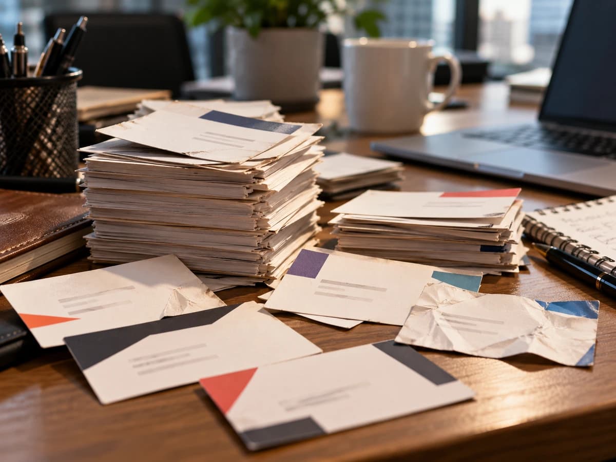 Pilas de tarjetas de presentación de papel acumuladas, dobladas y arrugadas sobre un escritorio