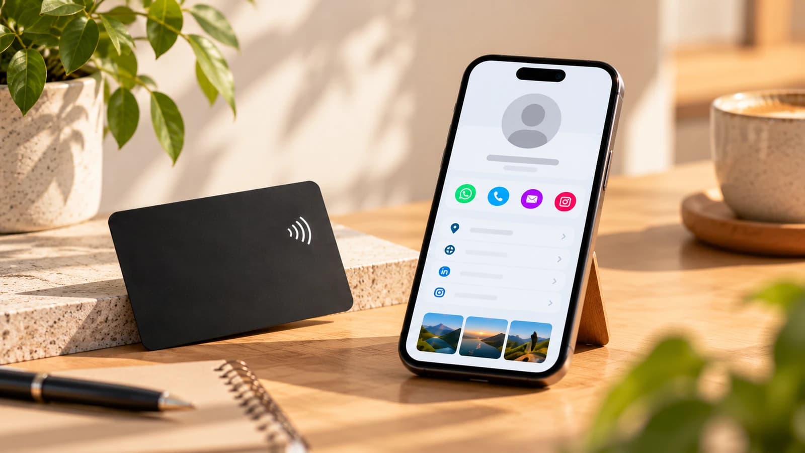 Tarjeta SmartNFC negra junto a un teléfono que muestra un perfil digital