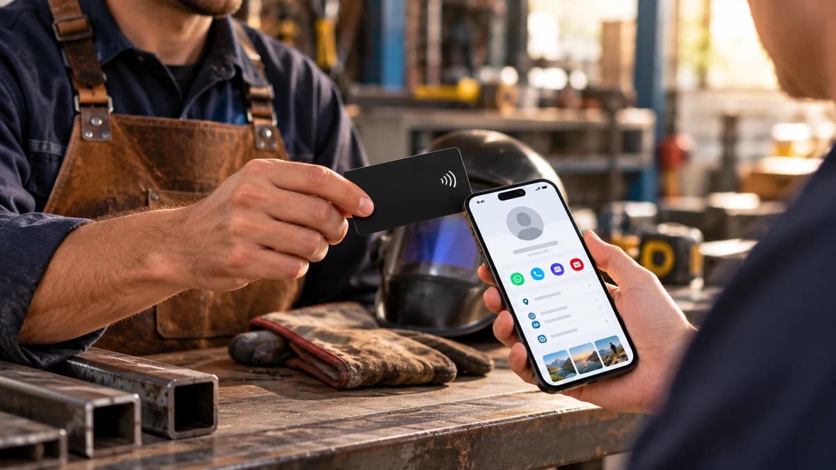 En su taller, un soldador acerca su tarjeta SmartNFC al teléfono de un cliente