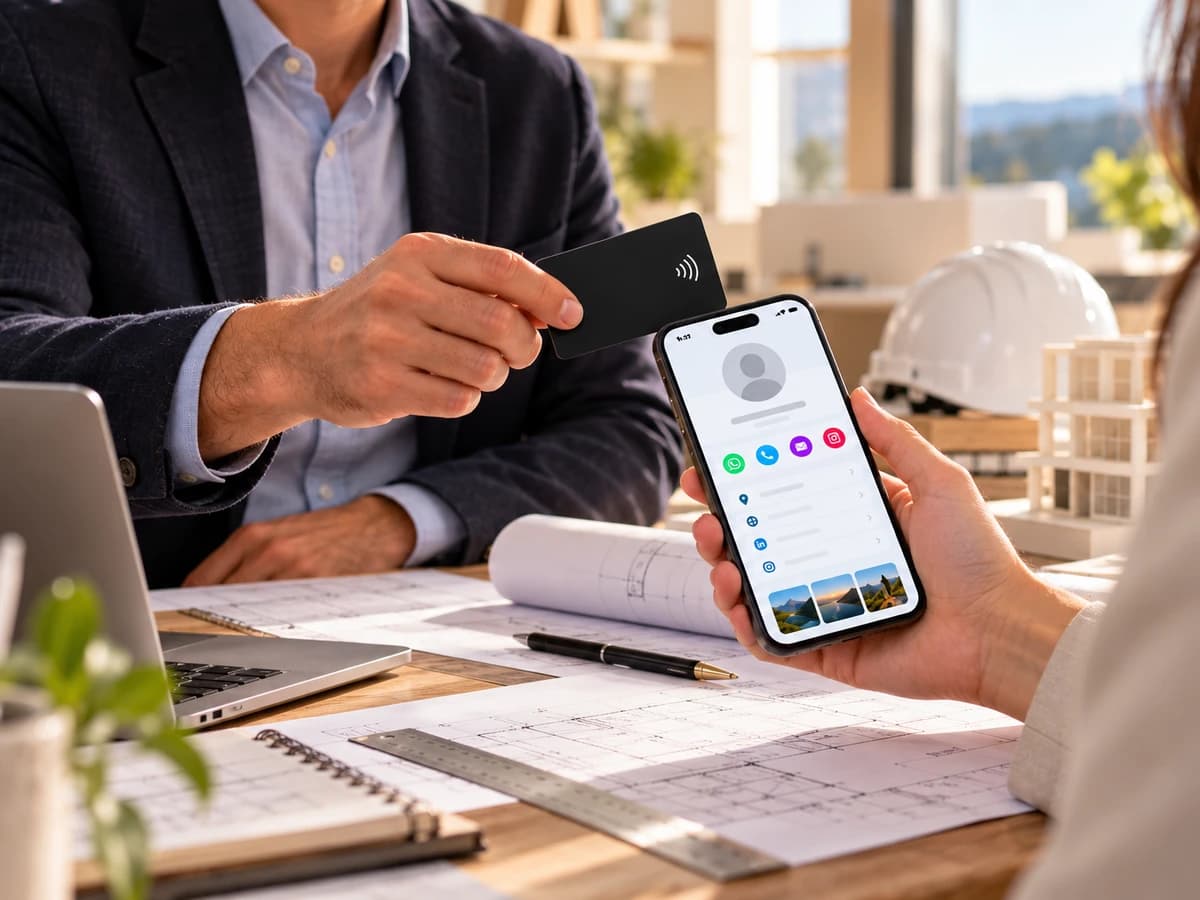 En un estudio de arquitectura, un profesional comparte su contacto con una tarjeta SmartNFC