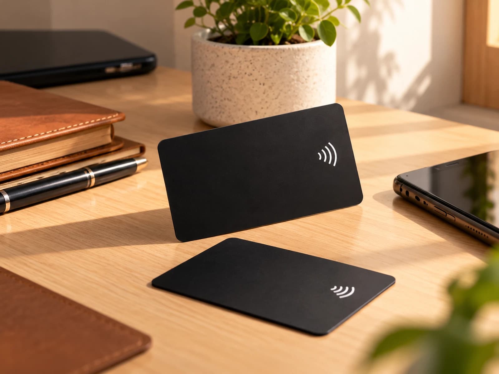 Dos tarjetas SmartNFC negras con el símbolo NFC sobre un escritorio de madera