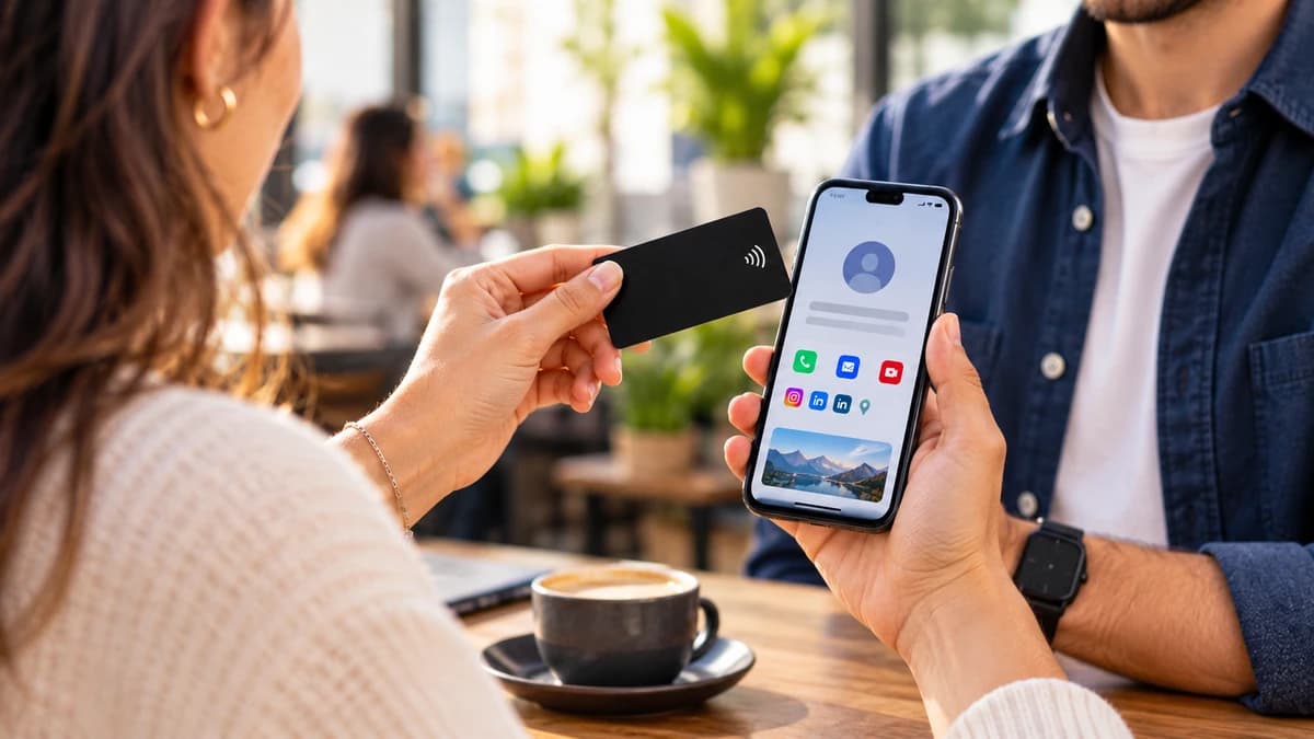 En una cafetería, una persona comparte su contacto acercando su tarjeta SmartNFC al teléfono de un amigo