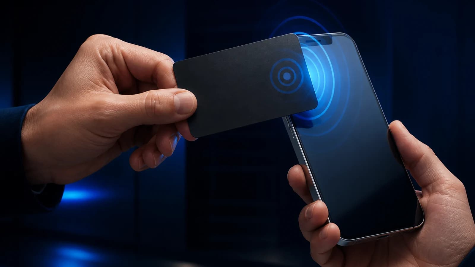 Persona acercando una tarjeta NFC premium a un teléfono móvil